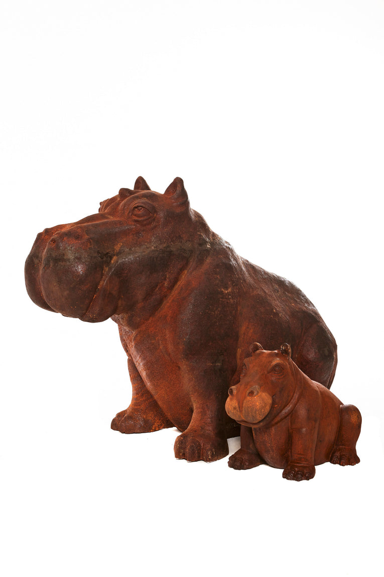Baby and Mummy Hippo cast iron statues