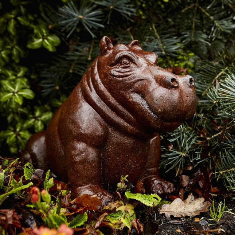 Baby Hippo made from Cast Iron sitting amoungst the conifers in the garden 